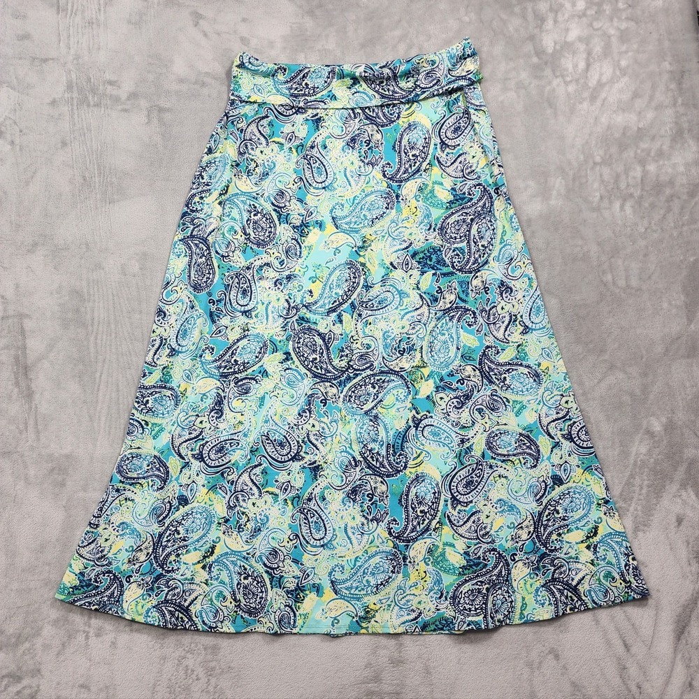 NY Collection Skirt Womens L Blue Paisley Maxi Pull On Foldover Waist Casual